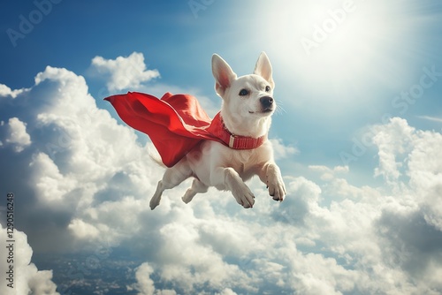 Small white dog in red cape flying through cloudy sky like superhero