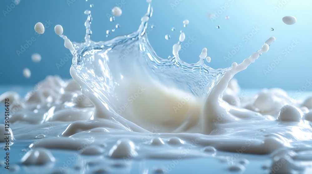 Milk splashing and creating a crown shape on a blue background Milk splashing and creating a crown shape on a blue background