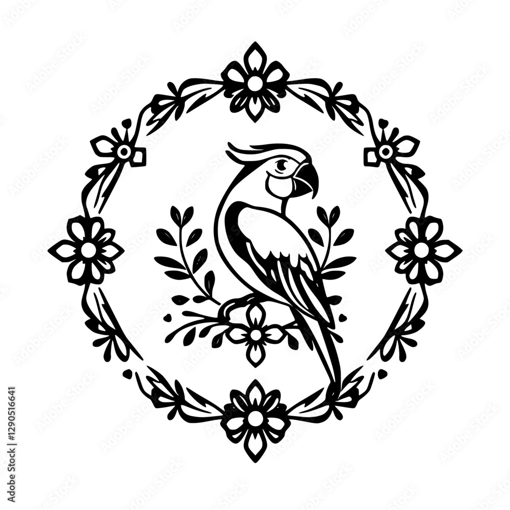 Obraz premium Parrot perched on a floral branch within a circular frame. Black and white, vector illustration of bird with flowers.