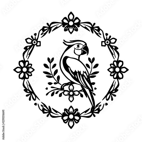 Wallpaper Mural Parrot perched on a floral branch within a circular frame. Black and white, vector illustration of bird with flowers. Torontodigital.ca