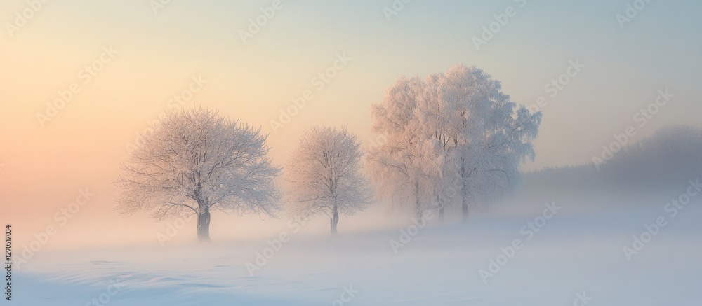 Winter landscape with frosted trees under soft pastel sunrise light in a misty setting with a tranquil snowy foreground. Winter landscape with frosted trees under soft pastel sunrise light in a misty setting with a tranquil snowy foreground.