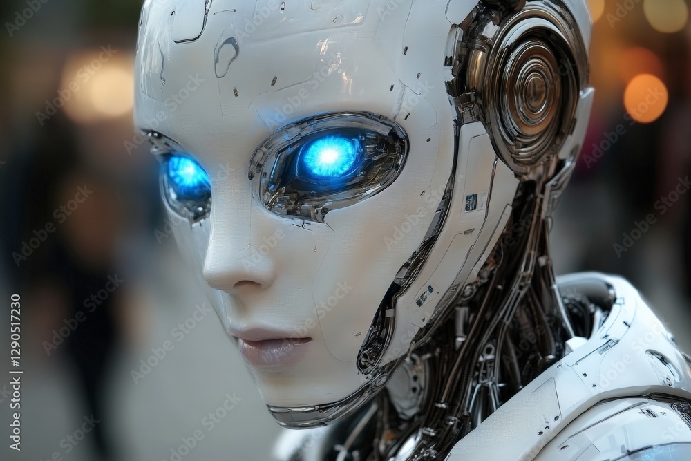 Robot with glowing blue eyes captures attention in a bustling urban setting at twilight Robot with glowing blue eyes captures attention in a bustling urban setting at twilight