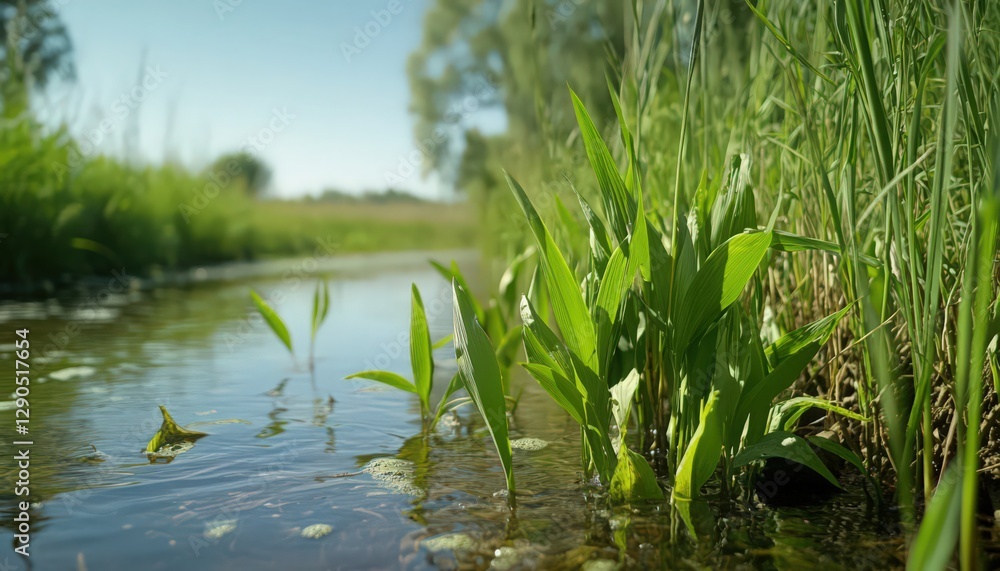 Lush Green Plants Growing Along a Sunny Stream Lush Green Plants Growing Along a Sunny Stream