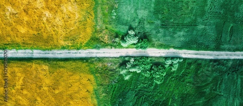 Aerial view of a vibrant green and yellow agricultural field split by a straight road creating ideal negative space for text or graphics.