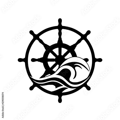 Black silhouette of a ship's wheel, a black and white image.