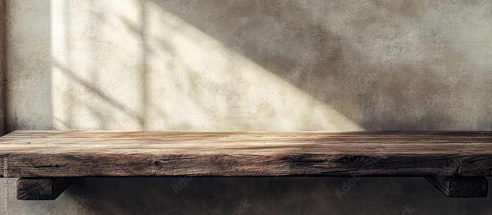 Rustic wooden shelf against a textured wall with natural light casting shadows, ideal for showcasing products or vintage decor elements. Rustic wooden shelf against a textured wall with natural light casting shadows, ideal for showcasing products or vintage decor elements.