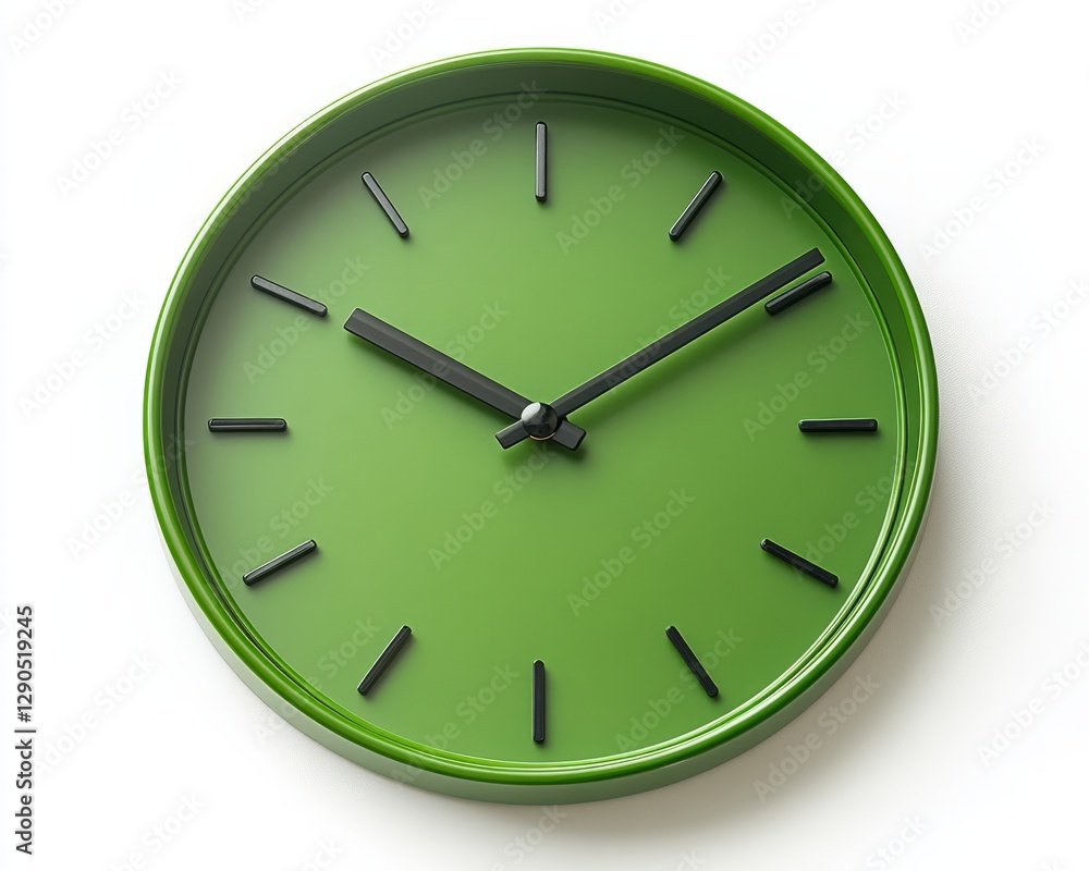 A simple flat green clock icon with circular outlines and clean black hands, isolated on white A simple flat green clock icon with circular outlines and clean black hands, isolated on white