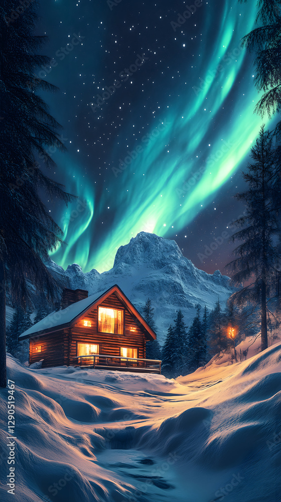 Fototapeta premium Cozy Cabin Under Northern Lights in Snowy Winter Forest