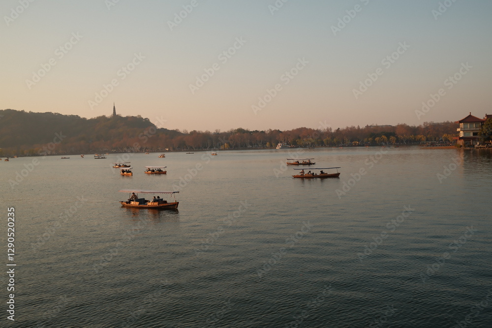 Naklejka premium Sunset at Hangzhou, a town near Shanghai