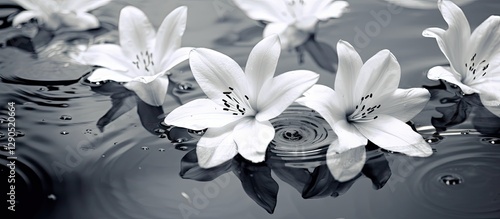 Elegant white lilies floating on tranquil black water with ripples creating a serene atmosphere in a vintage monochrome style photograph