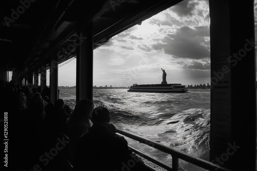 Staten Island ferry passes the Statue of Liberty with passengers enjoying the skyline view during sunset, Staten Island ferry passing Statue of Liberty USA