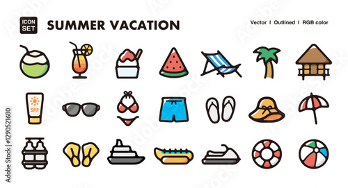 Summer vacation illustration icon set.Simple vector outlines, clipart for graphic design.