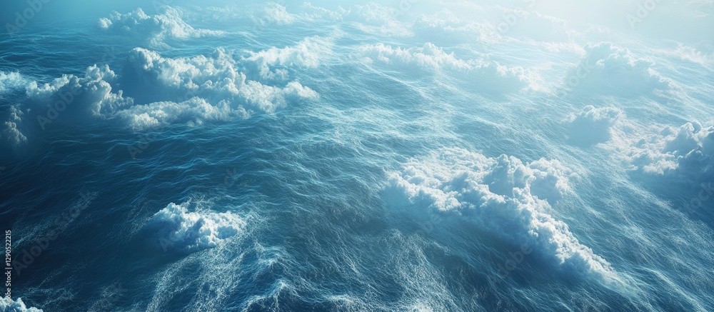 Vibrant turquoise ocean waves gently rolling under soft sunlight with billowing clouds reflecting shimmering water ripples in a serene atmosphere. Vibrant turquoise ocean waves gently rolling under soft sunlight with billowing clouds reflecting shimmering water ripples in a serene atmosphere.