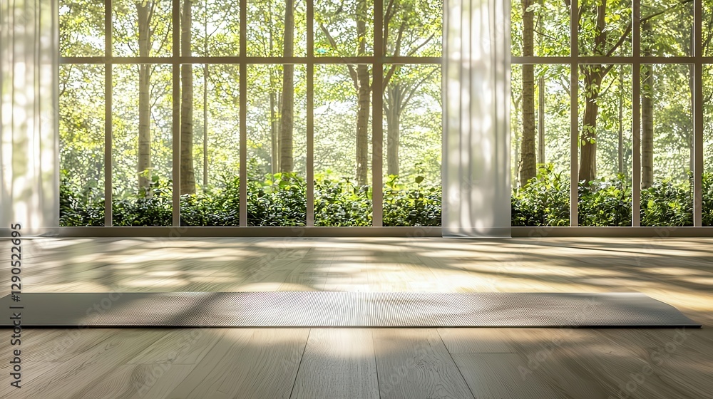 Serene Yoga Studio with Forest View and Exercise Mat Serene Yoga Studio with Forest View and Exercise Mat