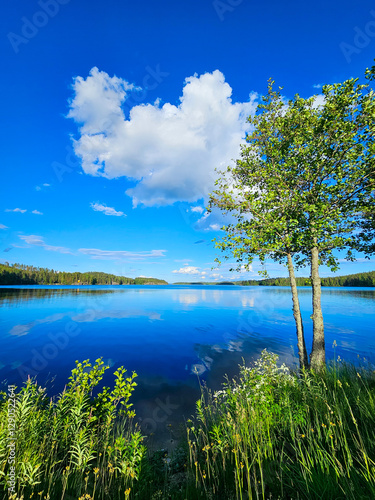 Photography Beautiful summer landscape with lake and birch tree