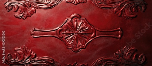 Red vintage leather background with intricate embossed western motifs positioned centrally, conveying a rustic cowboy aesthetic for nostalgic settings.