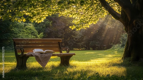 Serene park bench scene with open book and blanket