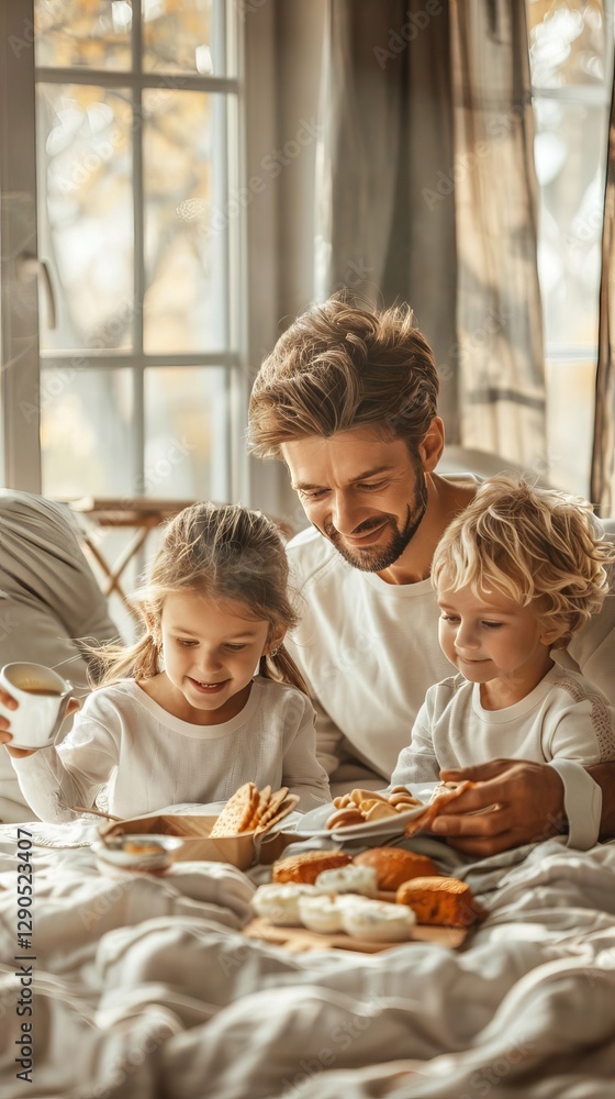 Happy Family Enjoying Breakfast in Bed Father with Two Young Children Sweet Treats Happy Family Enjoying Breakfast in Bed Father with Two Young Children Sweet Treats