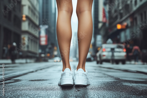 Stylish female legs in white sneakers on the background of a city street photo