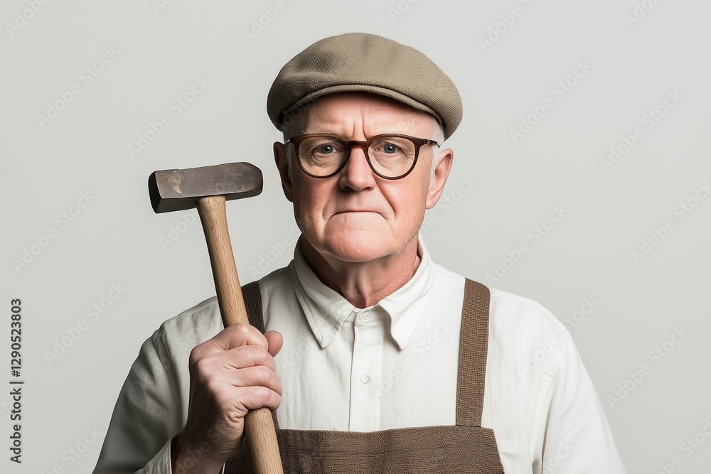 Portrait of an elderly craftsman holding a hammer. Skilled tradesman in traditional workwear with determined expression. Manual labor and craftsmanship Portrait of an elderly craftsman holding a hammer. Skilled tradesman in traditional workwear with determined expression. Manual labor and craftsmanship