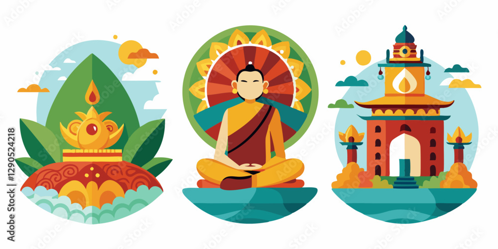 Peaceful meditation and tranquil temples in vibrant illustrations Peaceful meditation and tranquil temples in vibrant illustrations