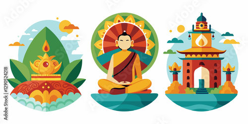 Peaceful meditation and tranquil temples in vibrant illustrations