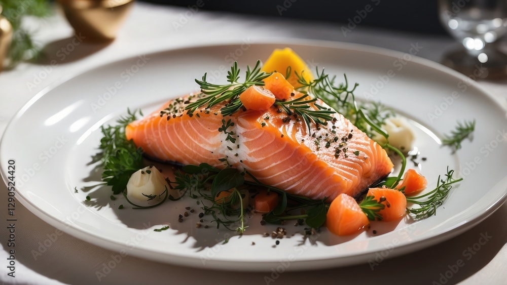 Sunlit photograph of an exquisite salmon plate decorated with herbs, demonstrating the technique of plating in a refined setting Sunlit photograph of an exquisite salmon plate decorated with herbs, demonstrating the technique of plating in a refined setting