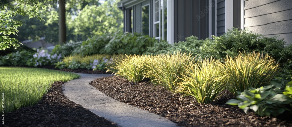Obraz premium Lush green garden path with vibrant yellow grass and white flowers alongside a curving stone walkway near a gray house exterior.