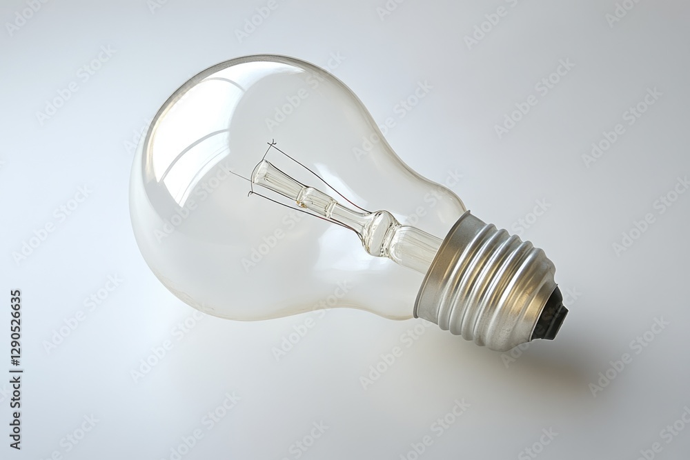 A clear glass light bulb with a metal base, lying on its side against a light gray background. A clear glass light bulb with a metal base, lying on its side against a light gray background.