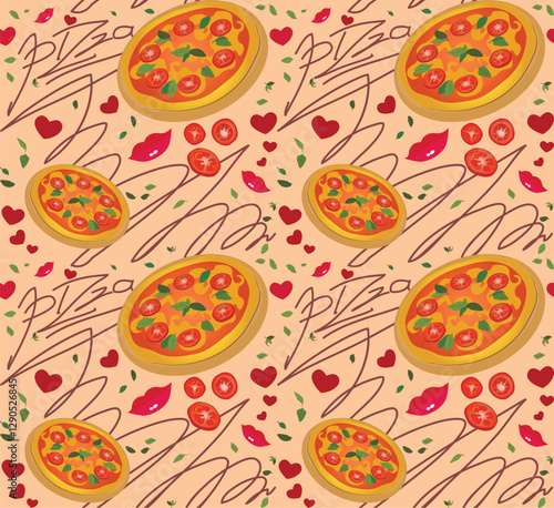 Vector seamless appetizing pattern with pizza, herbs, tomatoes, hearts and smiles.