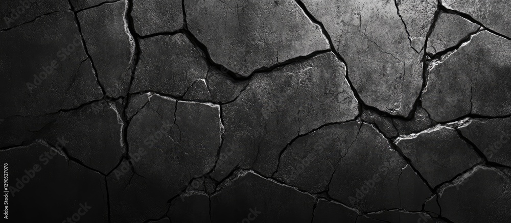 Obraz premium Textured black concrete wall background showcasing prominent cracks and weathered patterns, exuding aged character and depth.