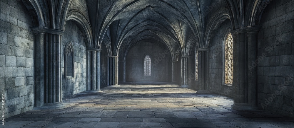 Obraz premium Mysterious ancient stone hall with arched ceilings, dimly lit by windows casting soft light, featuring cool gray tones and vast empty space.