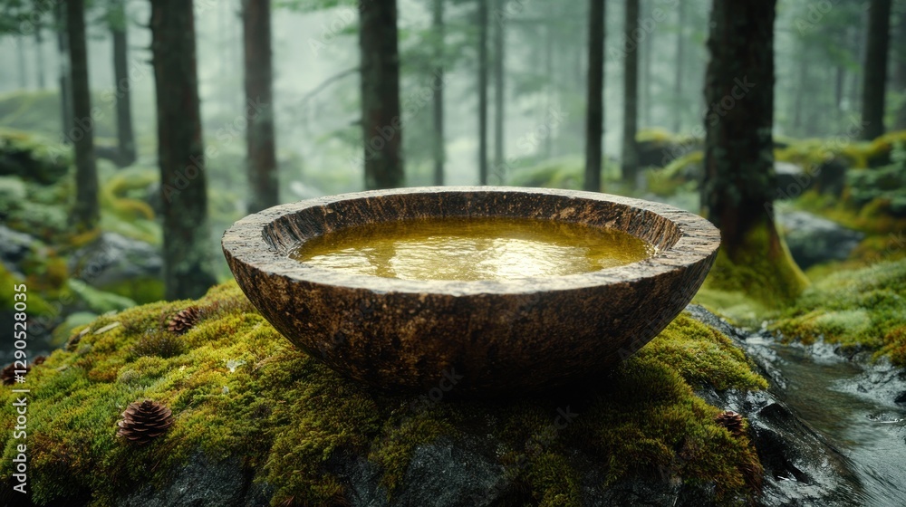Wooden bowl with water in misty forest Wooden bowl with water in misty forest