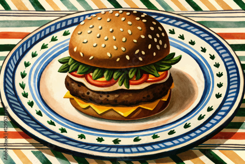 hamburger on plate cartoon illustration fast food