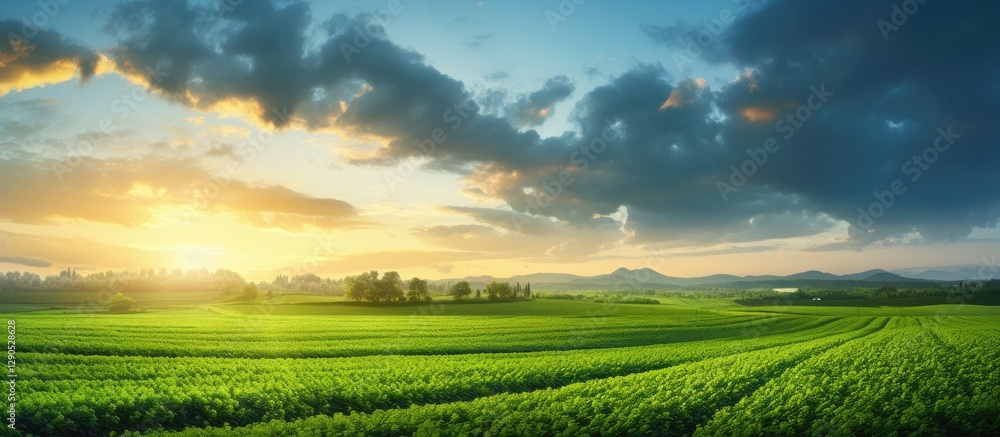 Obraz premium Expansive green field with lush grass under a vibrant orange sunset sky, soft clouds creating a serene landscape in the background.