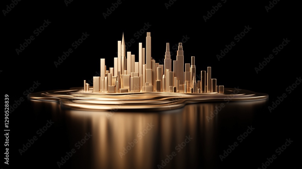 Abstract golden city skyline melting on reflective black surface. Futuristic wealth and luxury concept Abstract golden city skyline melting on reflective black surface. Futuristic wealth and luxury concept