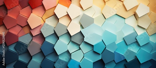 Pastel hexagon pattern with gradient hues of peach, cream, and turquoise arranged in a dynamic flat lay composition for creative backdrops