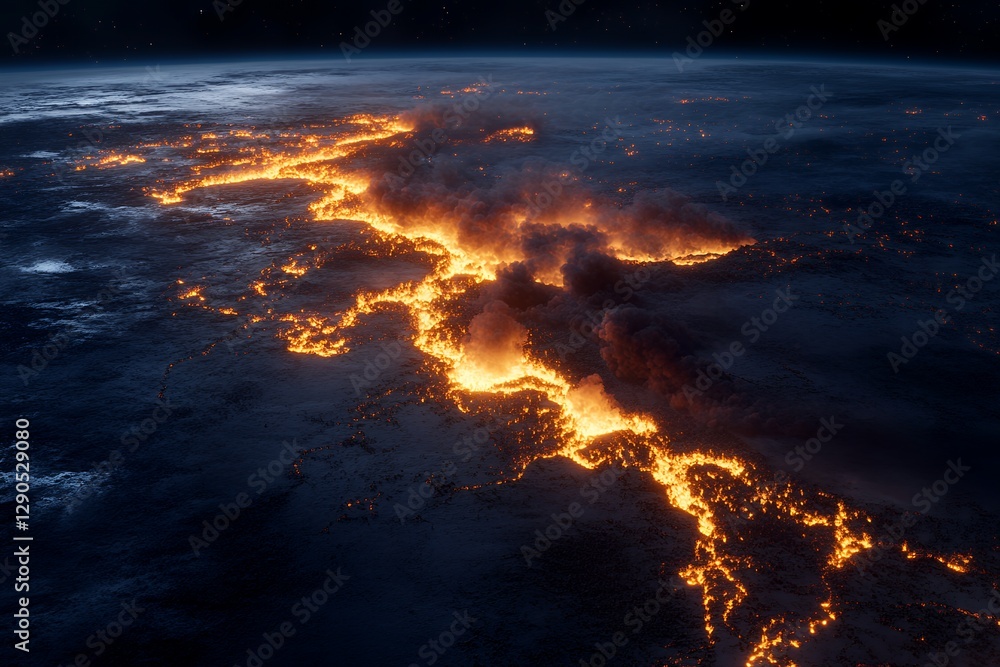 Fototapeta premium Aerial view of molten lava river flowing across cracked earth at night
