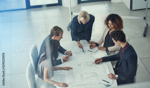 Quadro em tela Teamwork, meeting and floor plan with business people in office for idea, property or building proposal
