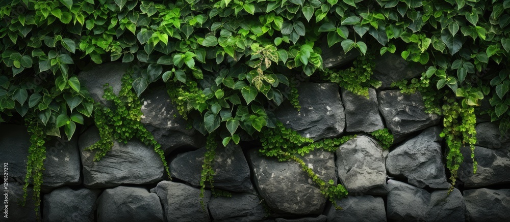 Stone wall with dark gray stones covered in vibrant green plants, creating a lush natural backdrop; ideal for ecological or rustic themes. Stone wall with dark gray stones covered in vibrant green plants, creating a lush natural backdrop; ideal for ecological or rustic themes.