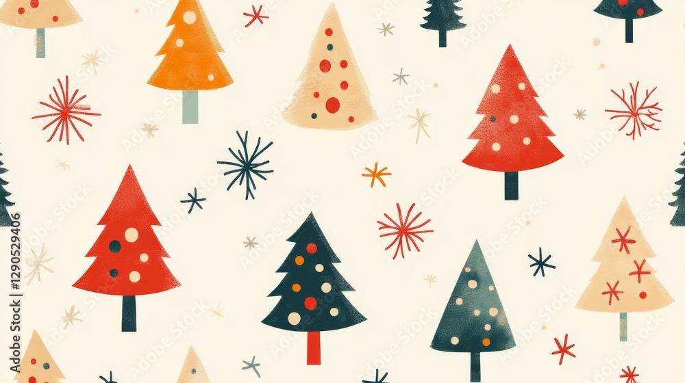 Festive hand-drawn christmas trees pattern with colorful stars and snowflakes Festive hand-drawn christmas trees pattern with colorful stars and snowflakes
