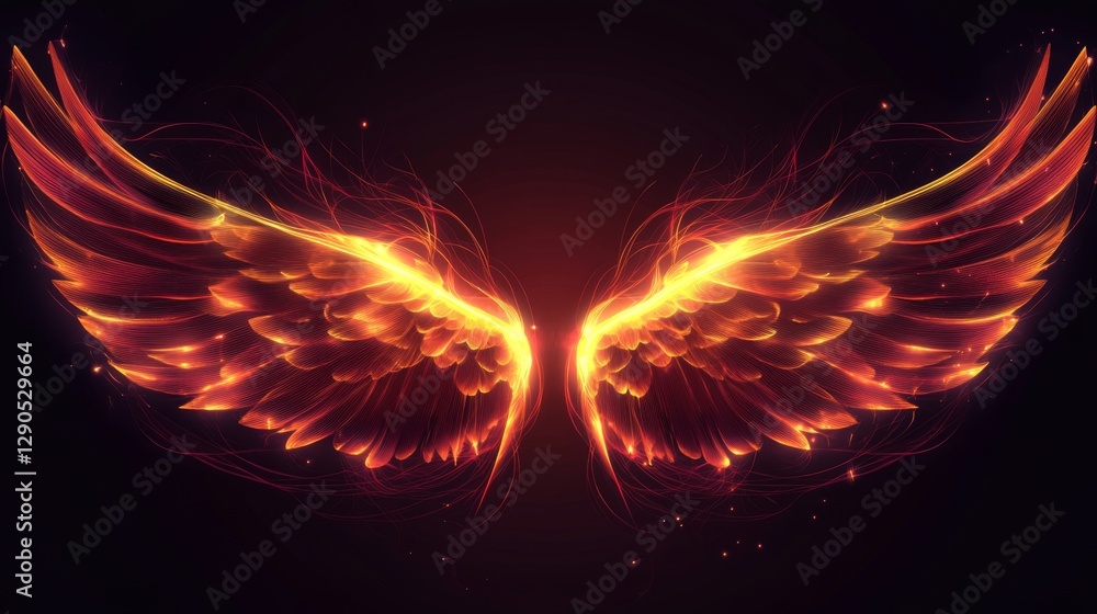 Fototapeta premium Glowing fiery wings with light trails on dark background