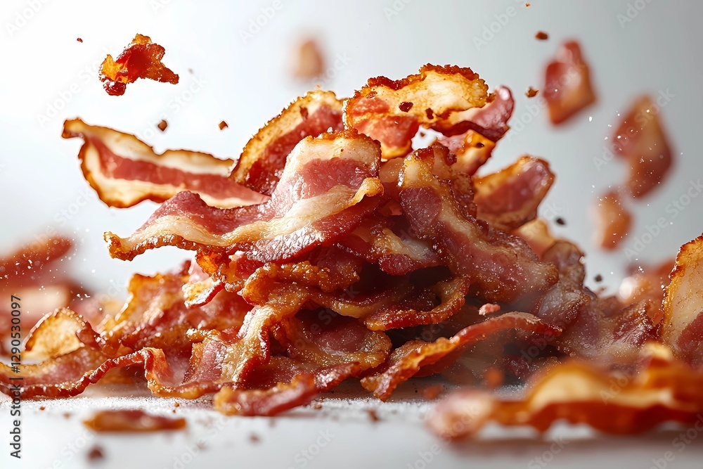 Crispy fried bacon slices arranged on a plate, showcasing golden-brown texture and rich color, ideal for breakfast or gourmet meals, book illustration style Crispy fried bacon slices arranged on a plate, showcasing golden-brown texture and rich color, ideal for breakfast or gourmet meals, book illustration style