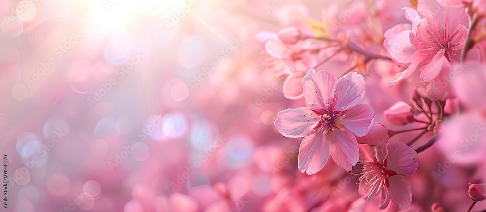 Soft blurred pink cherry blossoms filling the foreground with a dreamy light atmosphere and gentle bokeh effect creating ample space for text. Soft blurred pink cherry blossoms filling the foreground with a dreamy light atmosphere and gentle bokeh effect creating ample space for text.