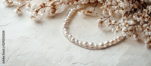 Elegant silver and pearl jewelry displayed on textured white surface with natural floral accents featuring necklaces and bracelets. photo