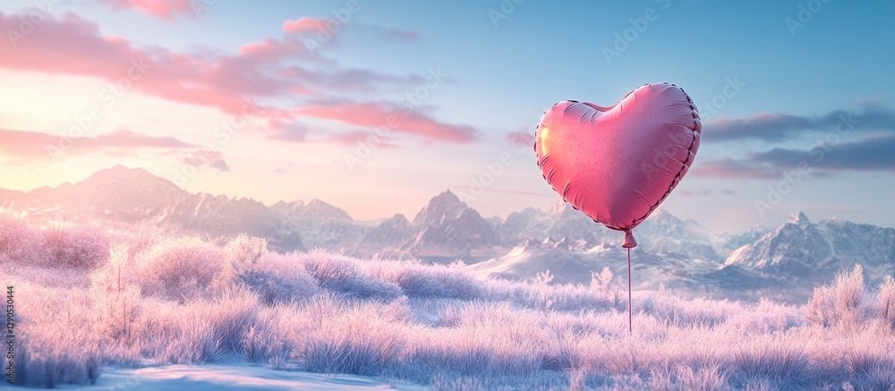 Obraz premium Heart-shaped pink balloon floating above serene snowy landscape with soft pastel colors in the sky creating a whimsical and romantic atmosphere.