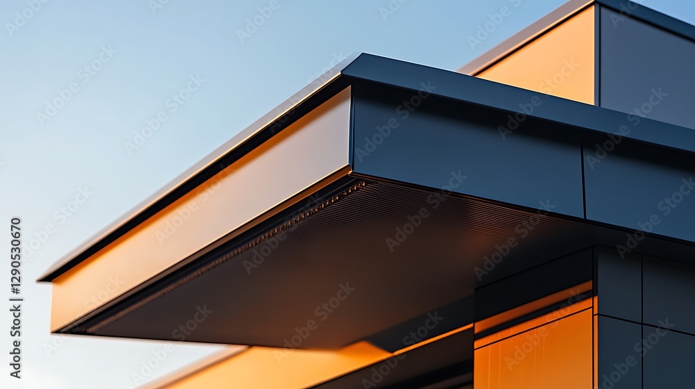 Obraz premium Modern Building Exterior with Angular Design and Sunset Light Reflection