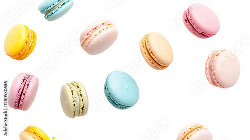 Colorful Macarons Falling Against Transparent Background, PNG