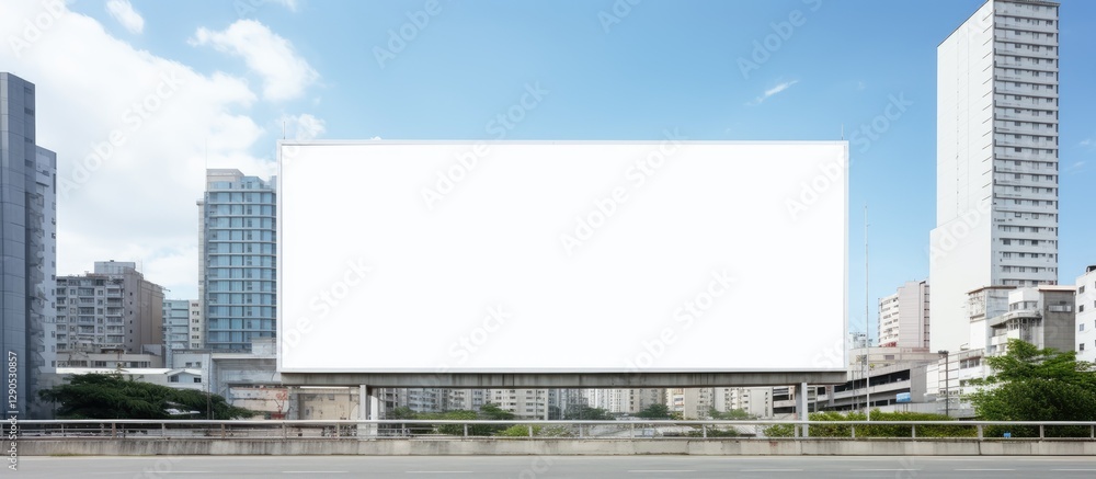 Blank white billboard in foreground with urban skyline of modern residential buildings in background under a bright blue sky and scattered clouds. Blank white billboard in foreground with urban skyline of modern residential buildings in background under a bright blue sky and scattered clouds.
