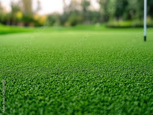 Artificial grass on golf course with flag in distance